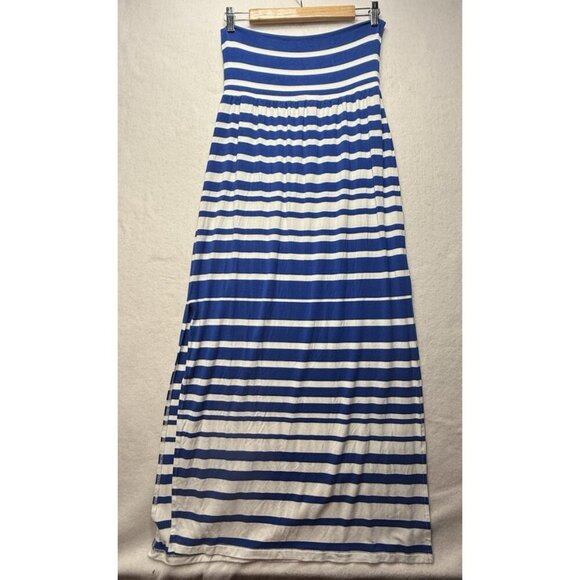 Athleta Skirt Women's S Blue White Stripe Fold Over Maxi Long Length Rayon Blend - Picture 2 of 8